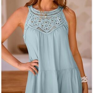 Sleeveless Crochet Yoke Tiered Midi Dress in Mint Green by BTFBM